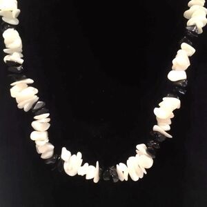 Mother of Pearl and Black Stone Chip Beaded Necklace 22"